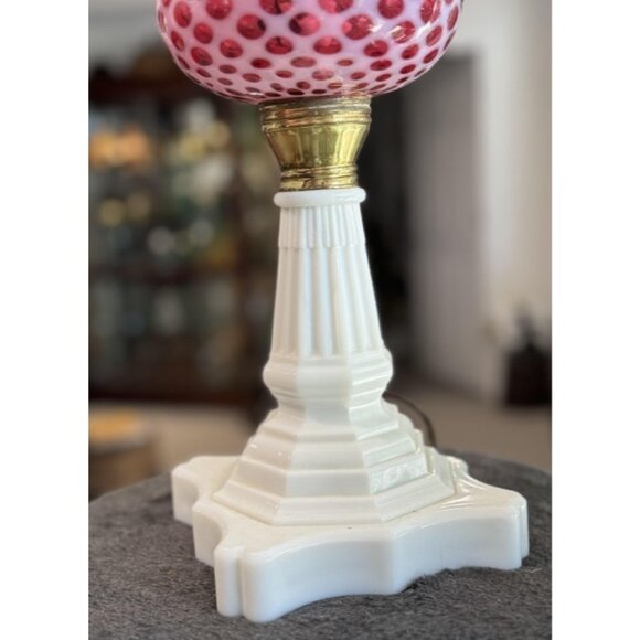 Vintage Cranberry Hobnail Glass Lamp Fenton Style Cut to Clear Shade Milk Glass - Picture 7 of 16
